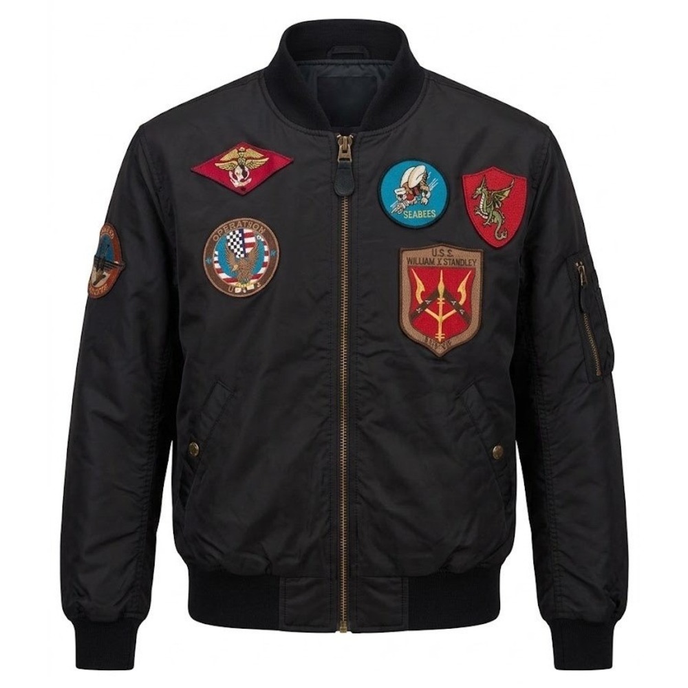 Spire Mens MA-1 Bomber Flight Jacket Black Patch Top Gun Style Size Medium - CJ